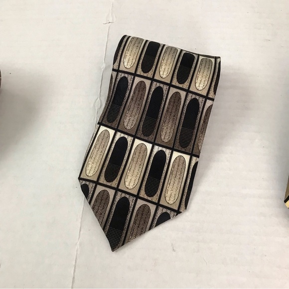 EXTRA LONG Bergamo New York Silk Tie Handmade Brown Tan Oval Print - Picture 6 of 11